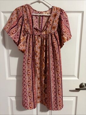 Pink Floral Stripe Mini Dress with Flutter Sleeves